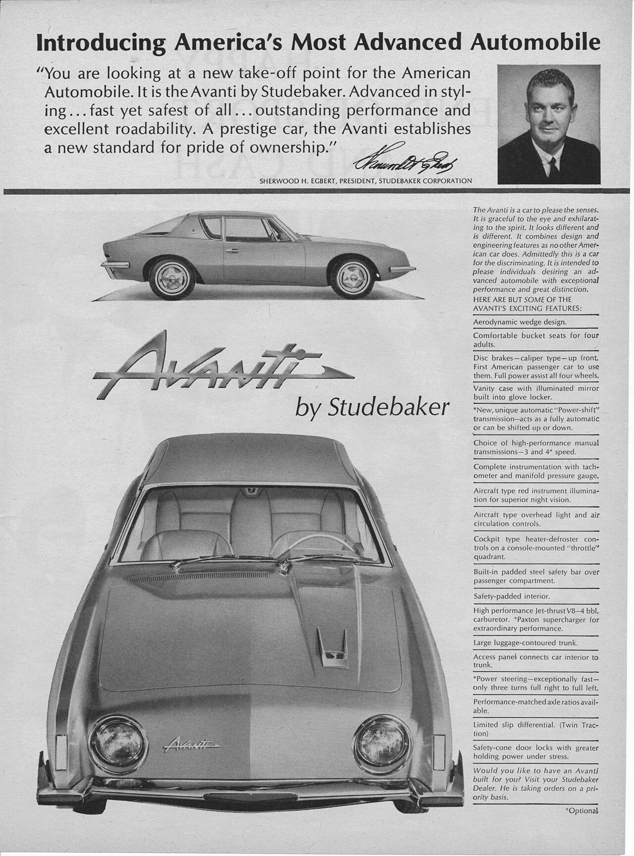 Açıklama: Print ad for launch of Studebaker Avanti featuring CEO Sherwood Egbert