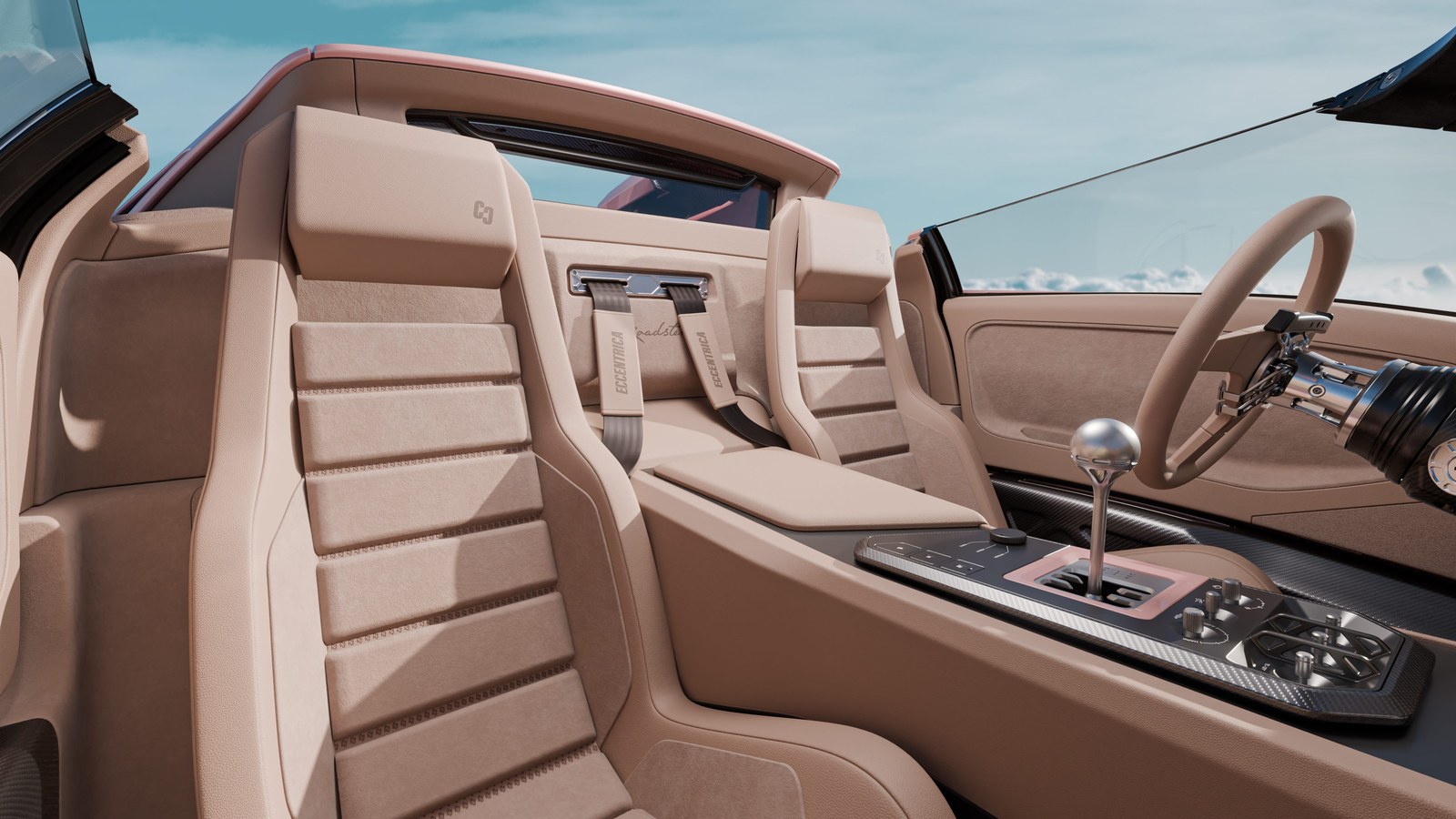 Luxurious interior of a sports car featuring beige leather seats and a sleek, modern dashboard. Luxurious interior of a sports car featuring beige leather seats and a sleek, modern dashboard.
