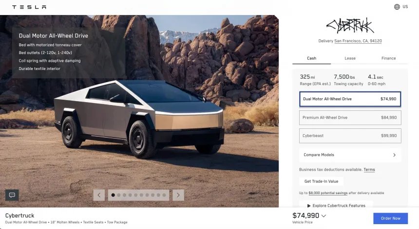 Tesla Cybertruck now starts at \$74,990
