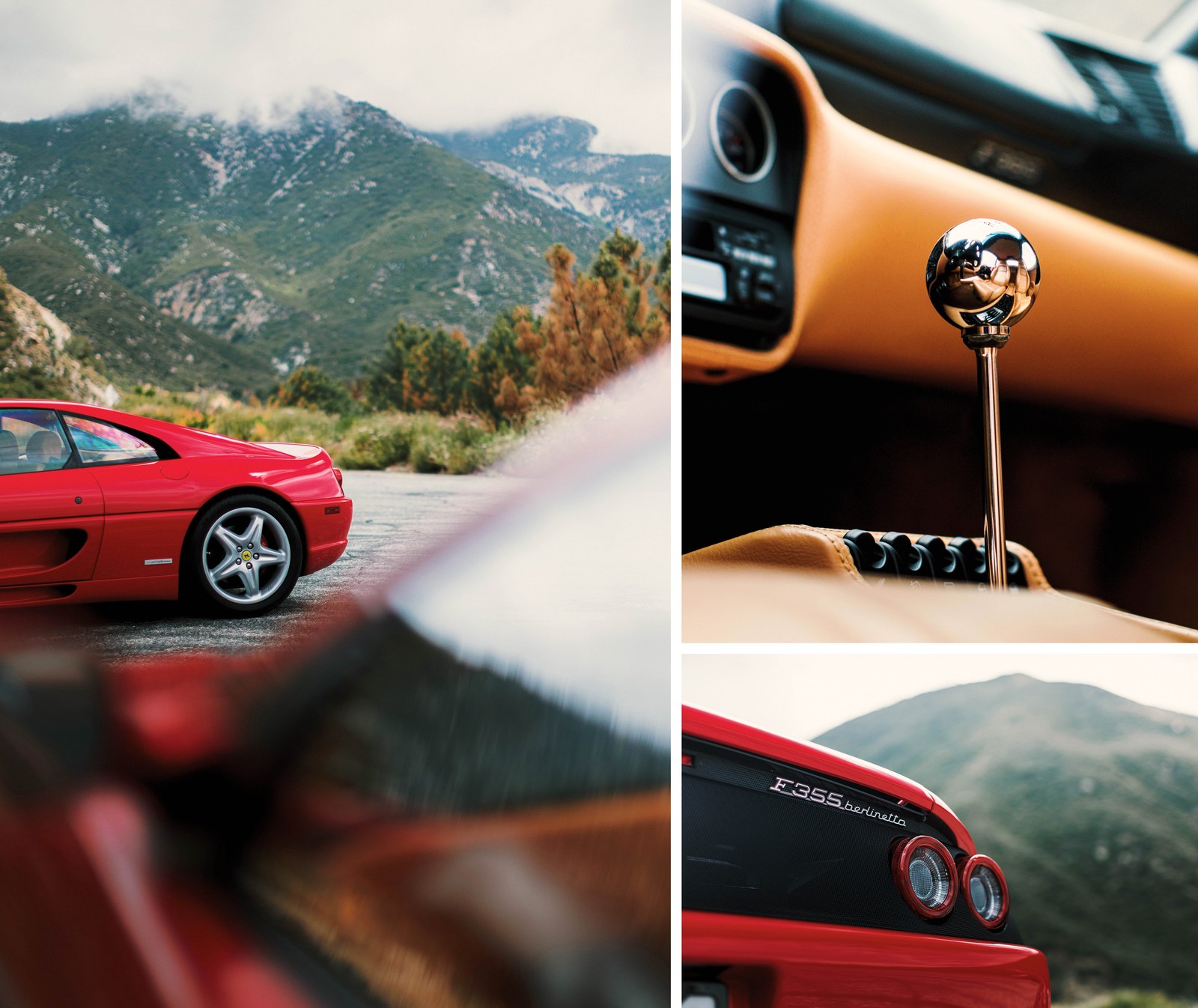 Red sports car parked in a scenic mountain area, with close-ups of the gear shift and rear badge.