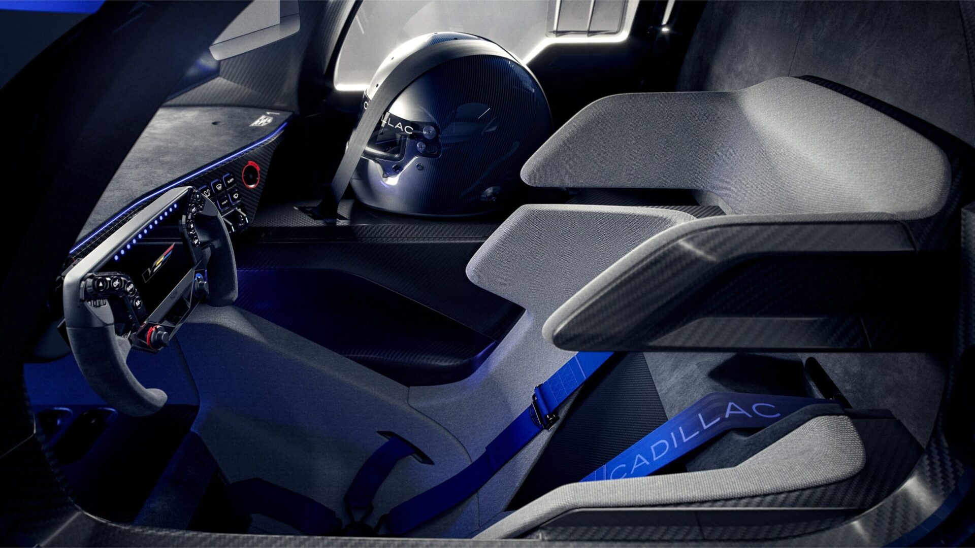 Interior of a sleek, modern racing car featuring high-tech controls and a protective helmet.