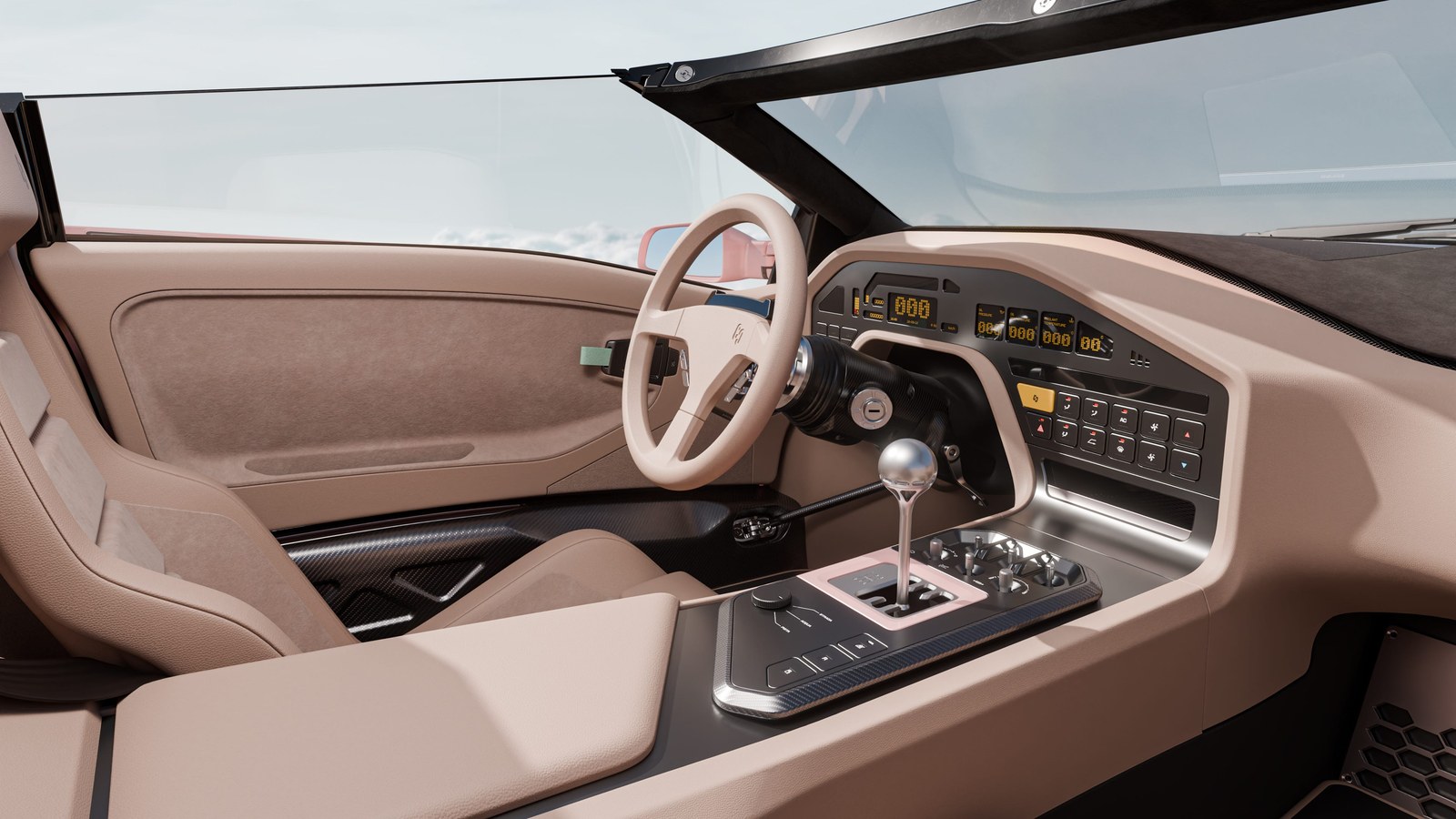 Interior view of a modern car showcasing a sleek dashboard, steering wheel, gear shift, and luxurious seating. Interior view of a modern car showcasing a sleek dashboard, steering wheel, gear shift, and luxurious seating.