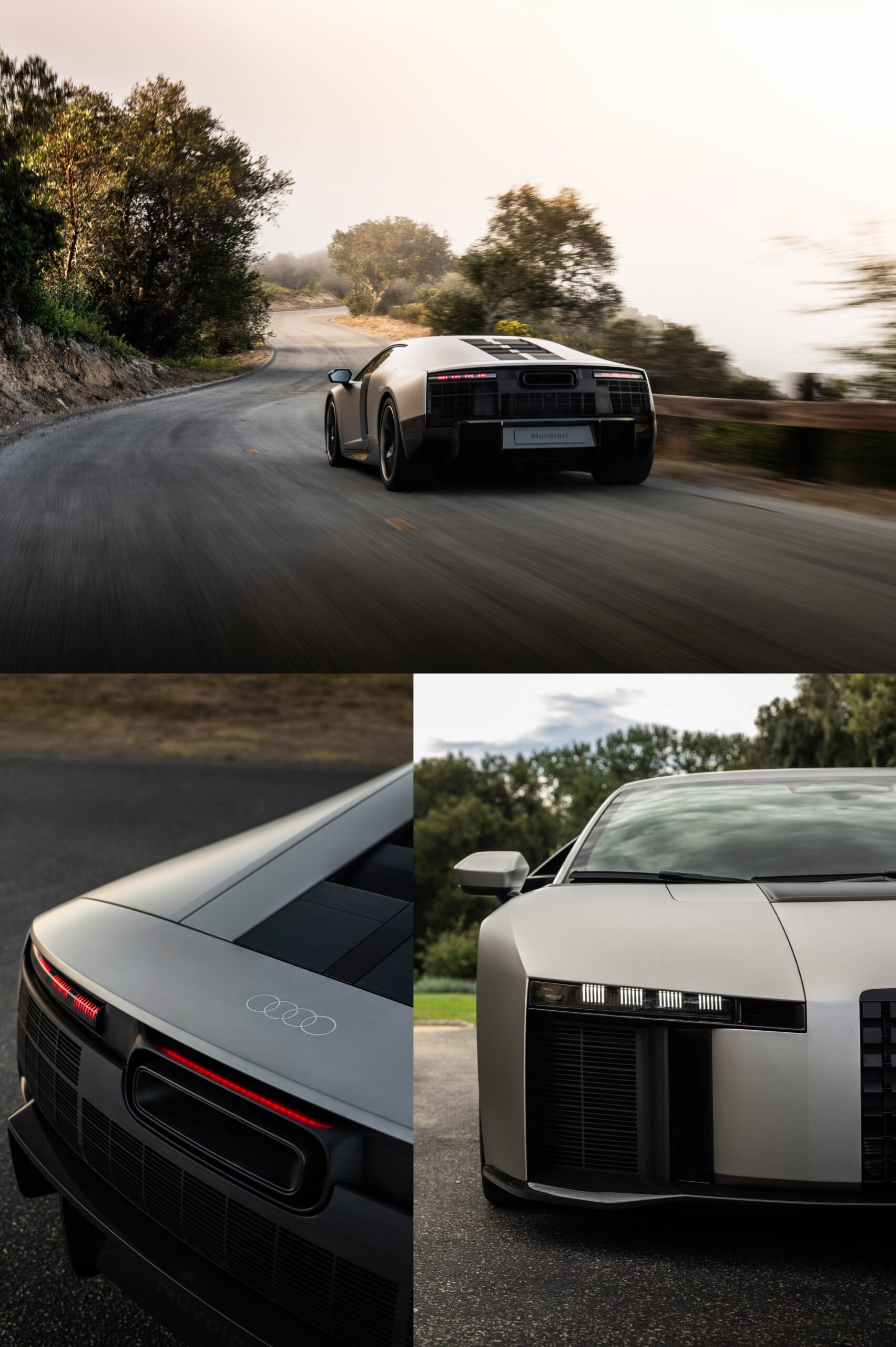 A sleek, modern car with distinctive angles and lighting, captured on a winding road with a natural backdrop.
