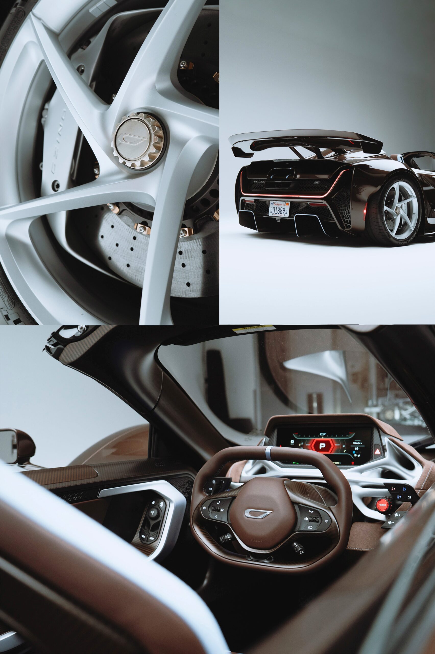 Close-up of a luxury car's wheel, rear view, and interior dashboard displaying modern design and technology.