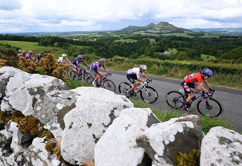 10th Tour of Britain Women 2025 – Stage 3 KELSO, SCOTLAND - JUNE 07: (L-R) Megan Jastrab of United States and Team Picnic PostNL, Quinty Ton of Netherlands and Team Liv Alula Jayco, Eleonora Camilla Gasparrini of Italy and UAE Team ADQ and Mara Roldan of Canada and Team Picnic PostNL - Red Points Jersey compete during the 10th Tour of Britain Women 2025, Stage 3 a 143.8km stage from Kelso to Kelso / #UCIWWT / on June 07, 2025 in Kelso, Scotland. (Photo by Alex Broadway/Getty Images)
