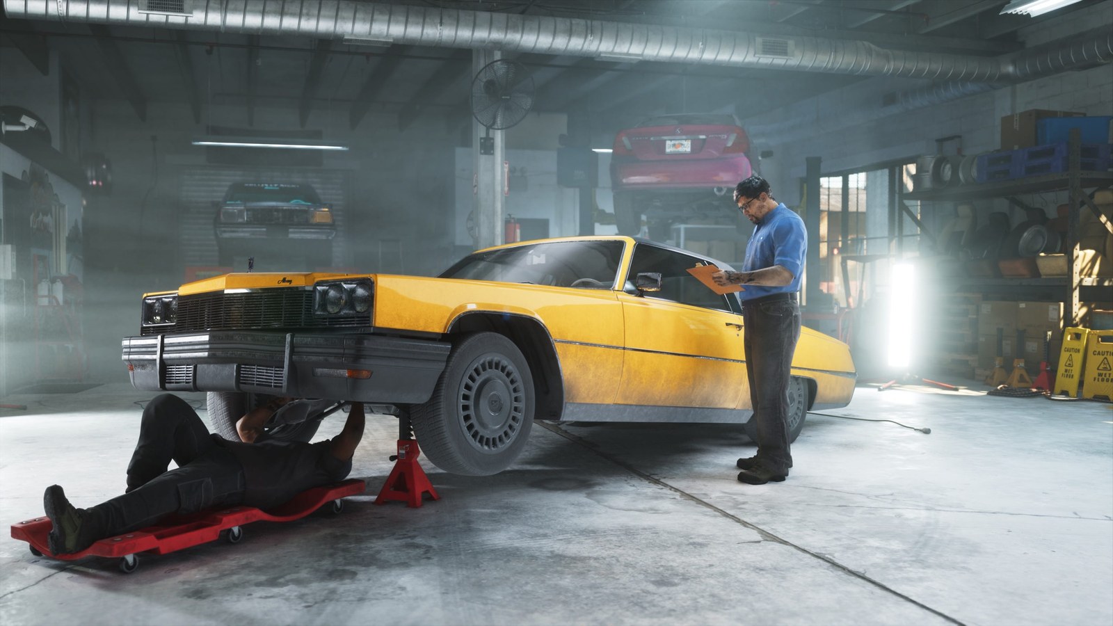 Mechanic inspecting a yellow car while another person works underneath it in a garage setting. Mechanic inspecting a yellow car while another person works underneath it in a garage setting.