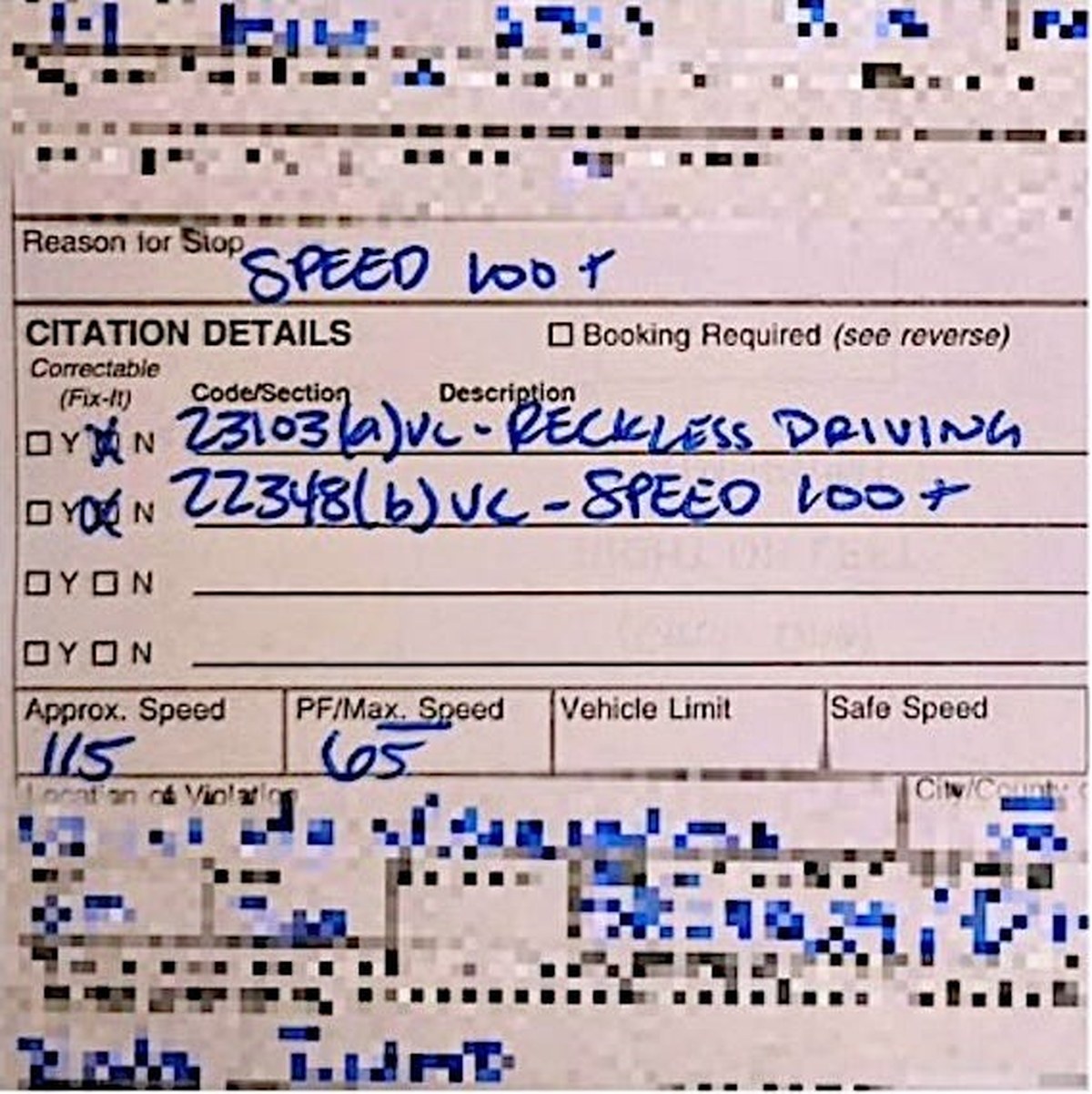 traffic ticket for reckless driving; speed recorded at 115 mph in a 65 mph zone.