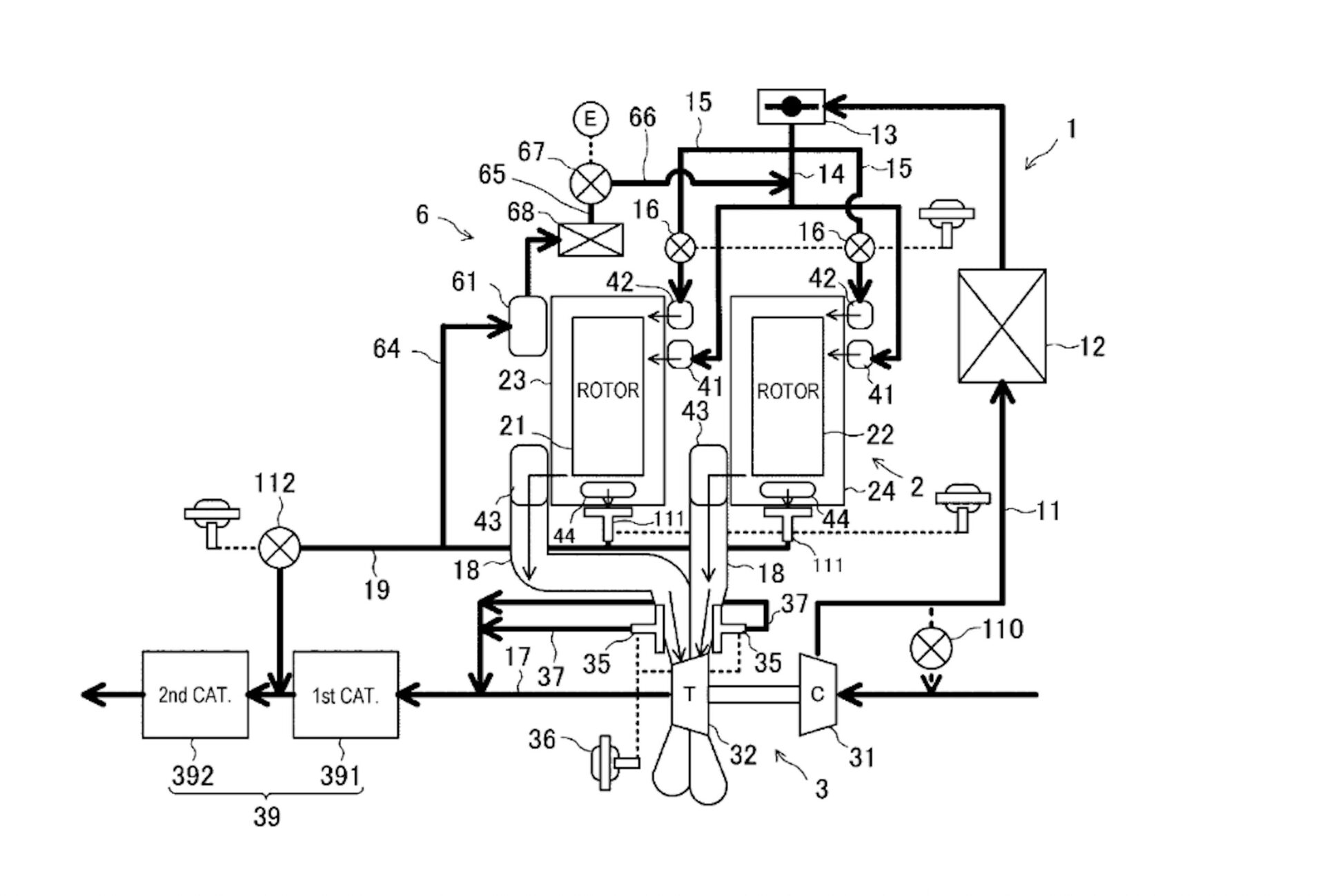 Schematic diagram of a Mazda dual rotor system including pipes, valves, and connections for fluid control and management. Schematic diagram of a Mazda dual rotor system including pipes, valves, and connections for fluid control and management.