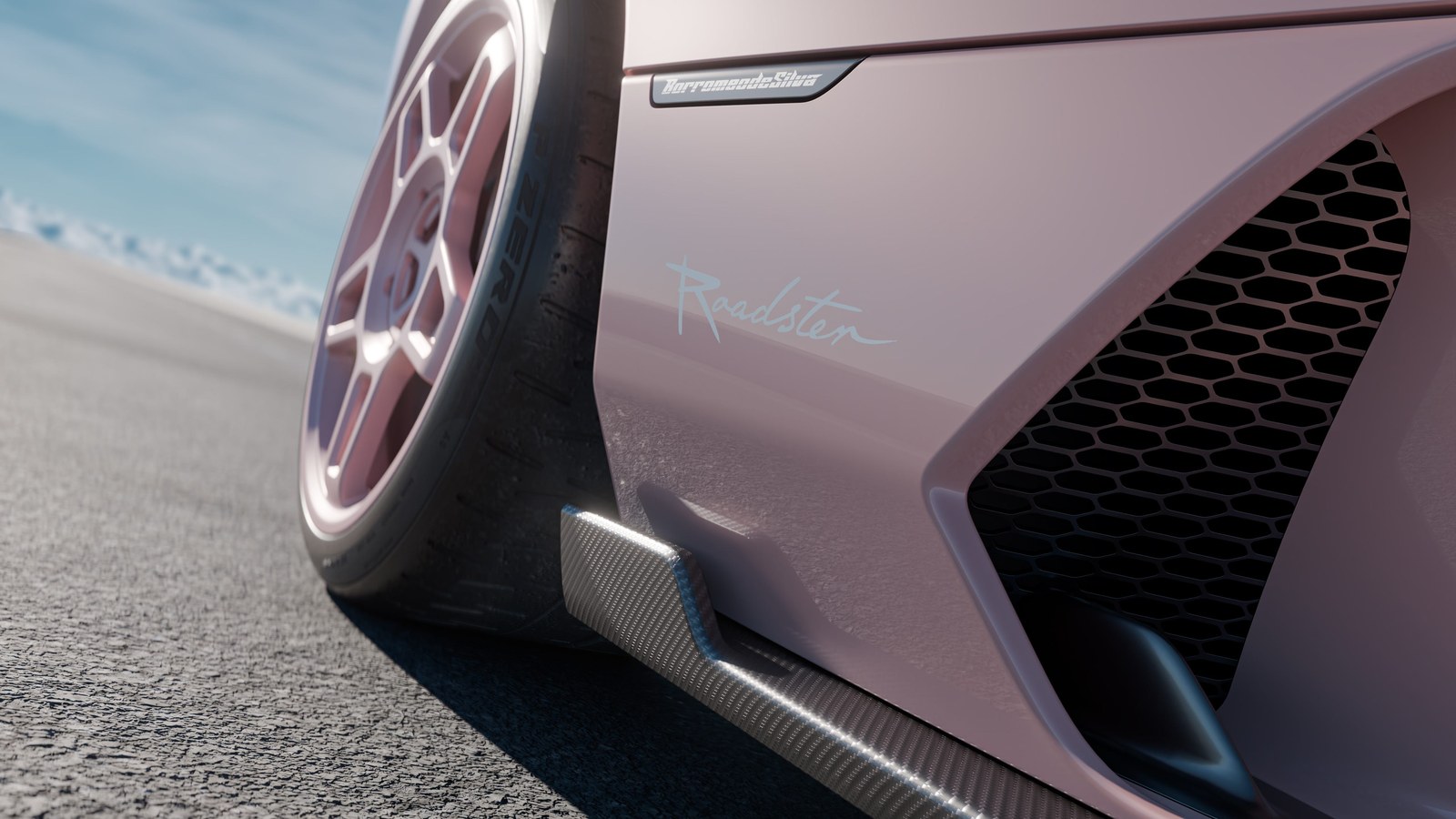 Close-up of a sports car's side featuring pink wheels and the "Roadster" insignia on the body. Close-up of a sports car's side featuring pink wheels and the "Roadster" insignia on the body.
