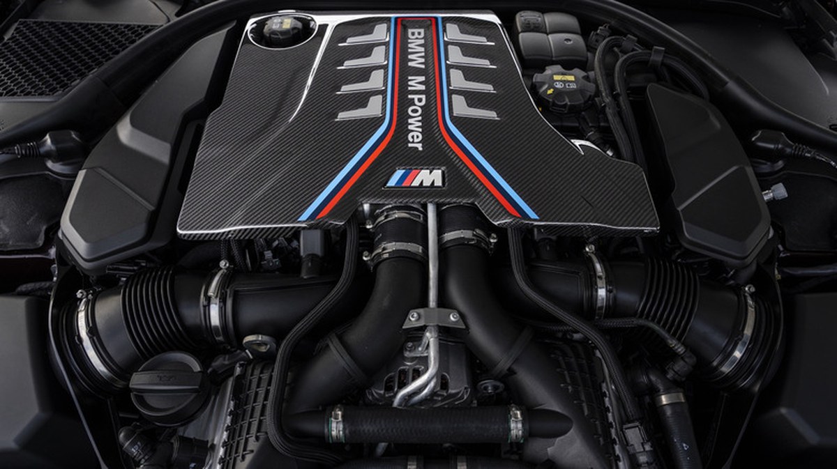 The BMW 4.4-liter S63 engine in all its carbon fiber-covered glory.