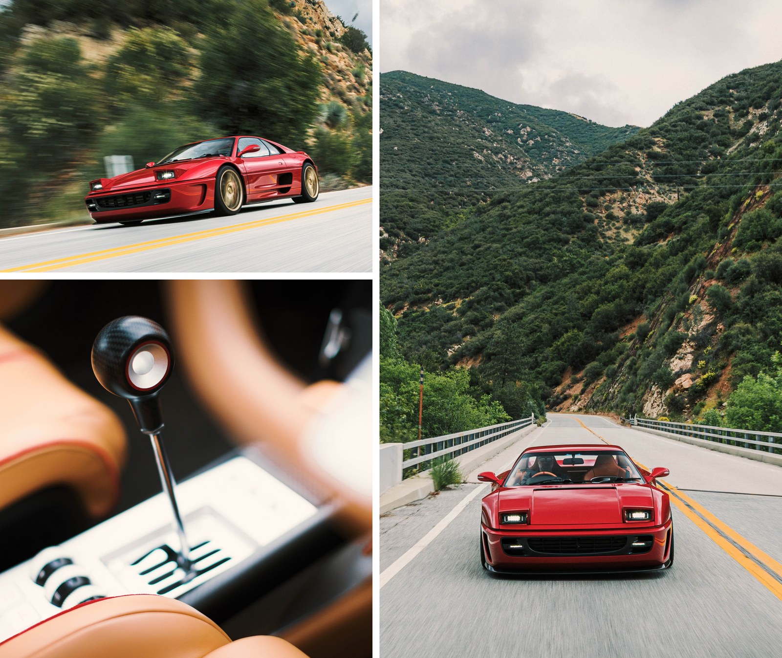 A red sports car driving on a scenic road, featuring an interior close-up of the gear shift.
