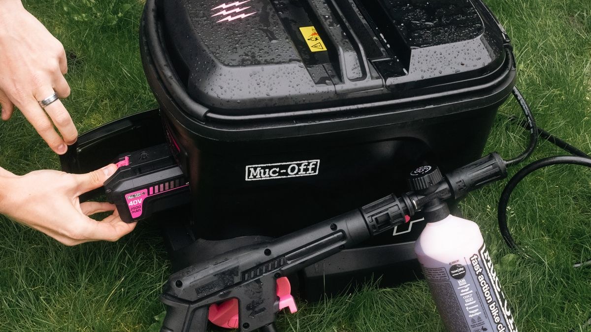 The Muc-Off Mobile Bike Pressure Washer showing battery housing