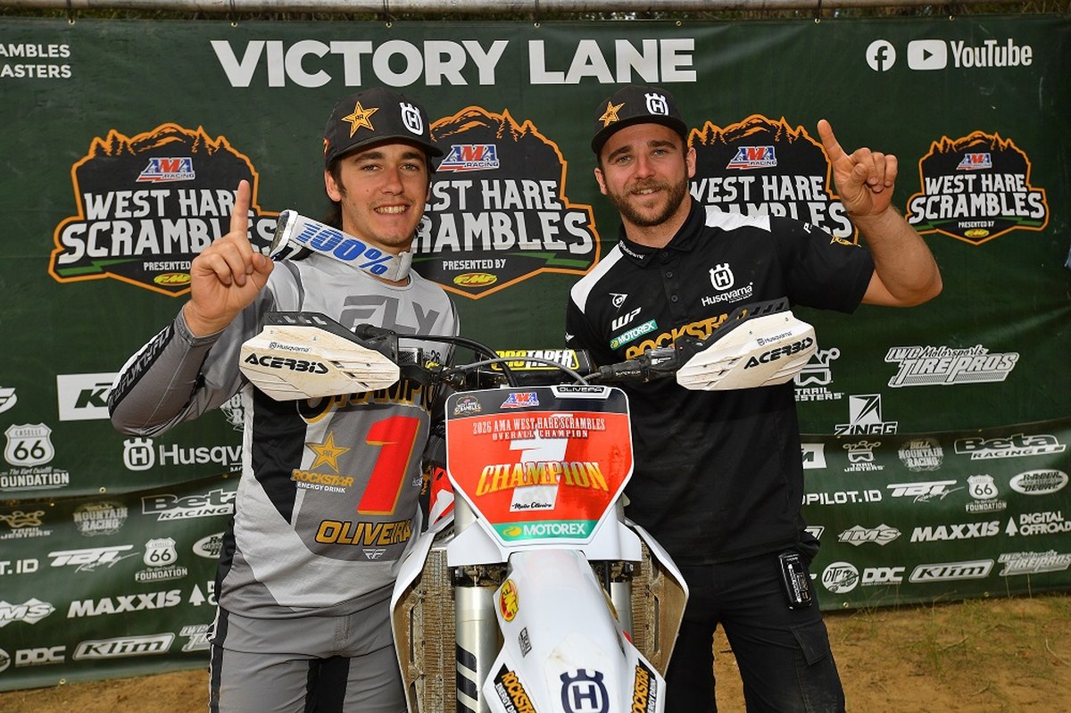 Mateo Oliveira and mechanic Tanner Peplinski at 2026 Rocky Mountain Hare Scramble