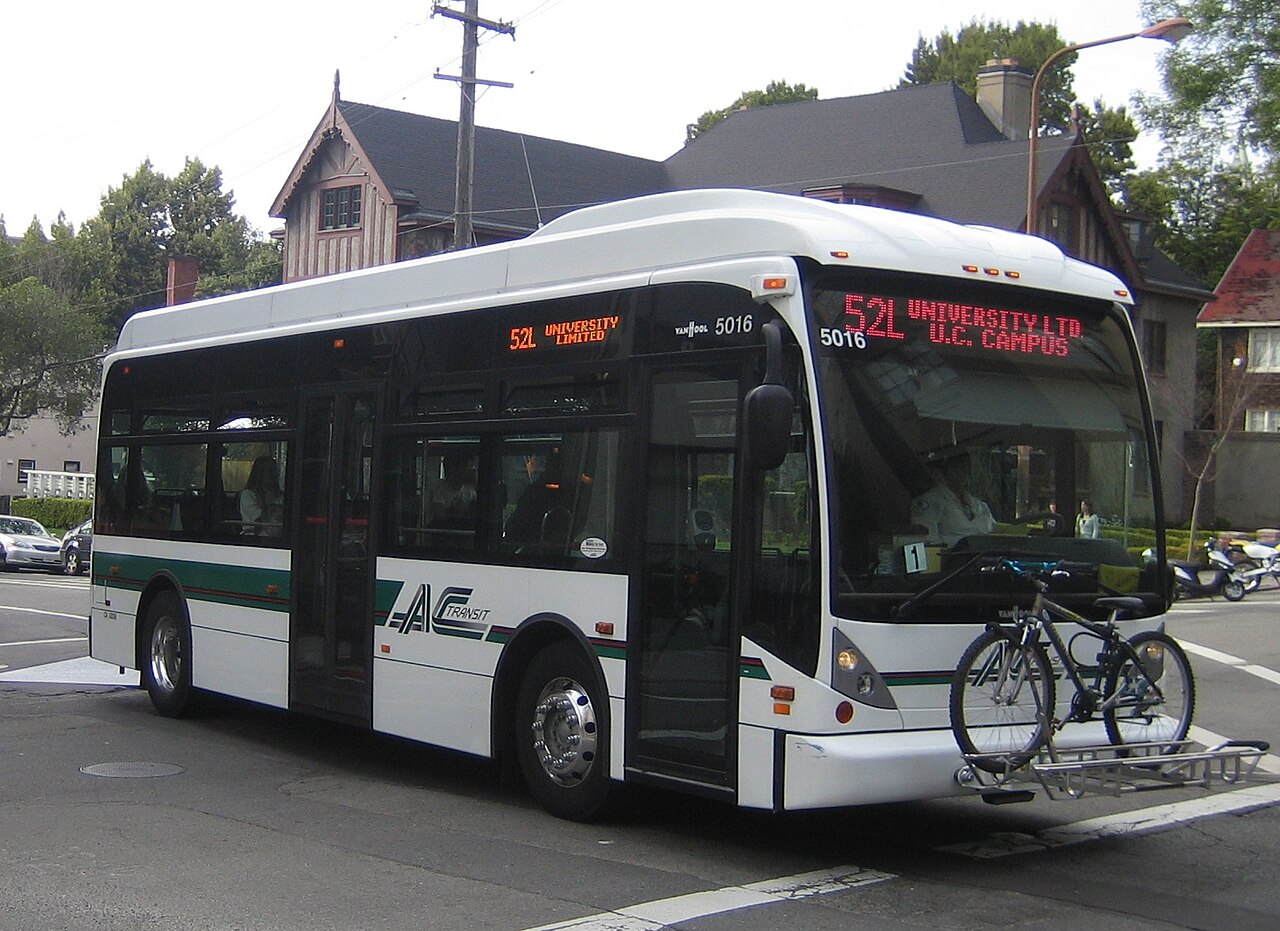 An example of LED-type destination signs on an AC Transit bus. On the front sign, the bottom line of text changes every few seconds to list multiple destinations along the route.