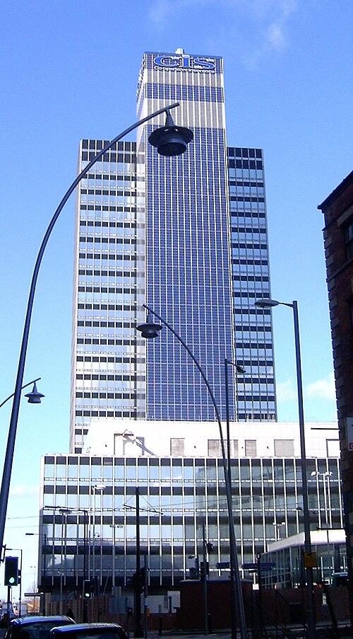 The CIS Tower in Manchester, England was clad in PV panels at a cost of £5.5 million. It started feeding electricity to the National Grid in November 2005.