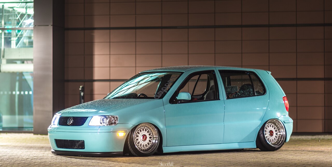 Customised VW Polo with fully lowered air suspension, note camber of rear wheels coupled with 'fitment' of the rim