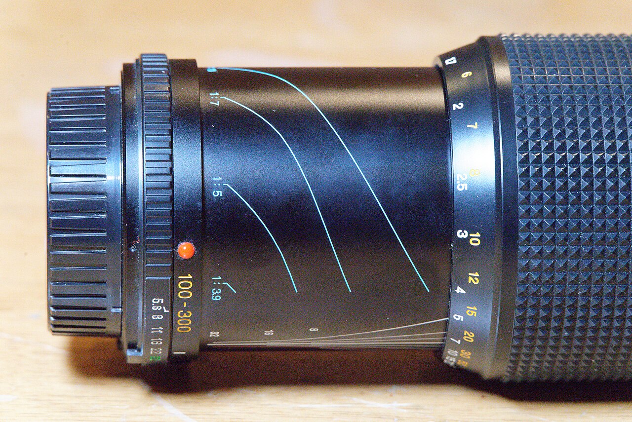 Minolta Zoom-Rokkor 100–300mm lens with markings for reproduction ratio