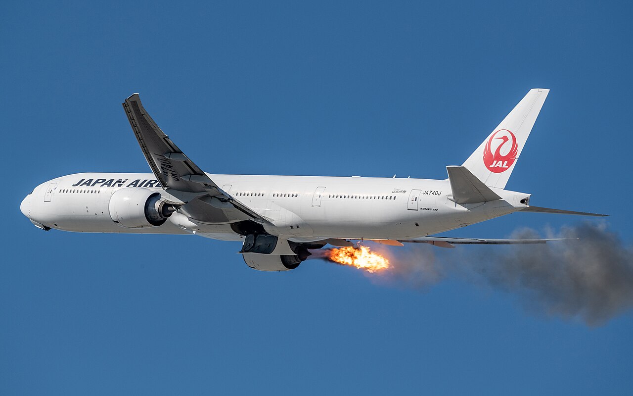 A Japan Airlines Boeing 777-300ER suffering engine failure during a 2021 take-off.