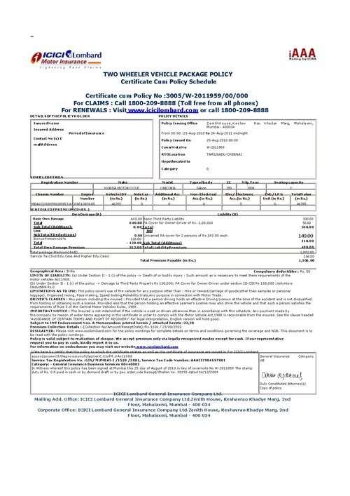 A sample Vehicle Insurance Certificate in India