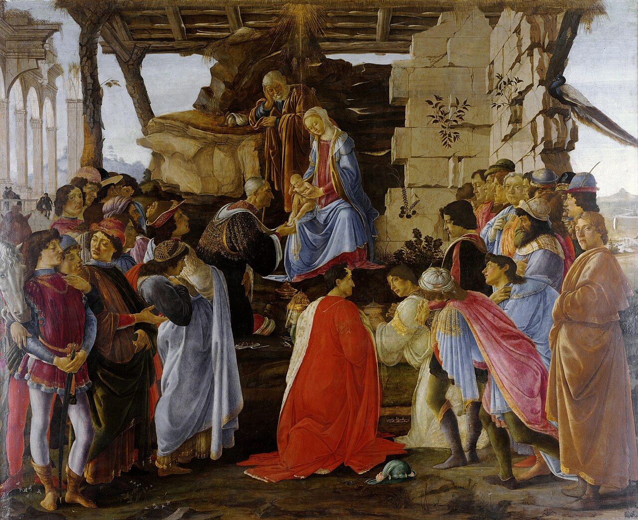 Sandro Botticelli's painting of the Adoration of the Magi has an inserted self-portrait at the far right: the position in the corner and the gaze out to the viewer are very typical of such self-portraits.