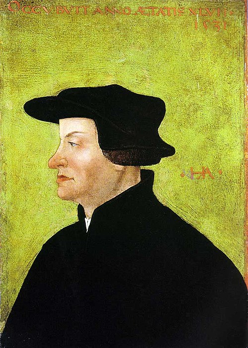 Huldrych Zwingli as depicted by Hans Asper in an oil portrait from 1531, Kunstmuseum Winterthur.