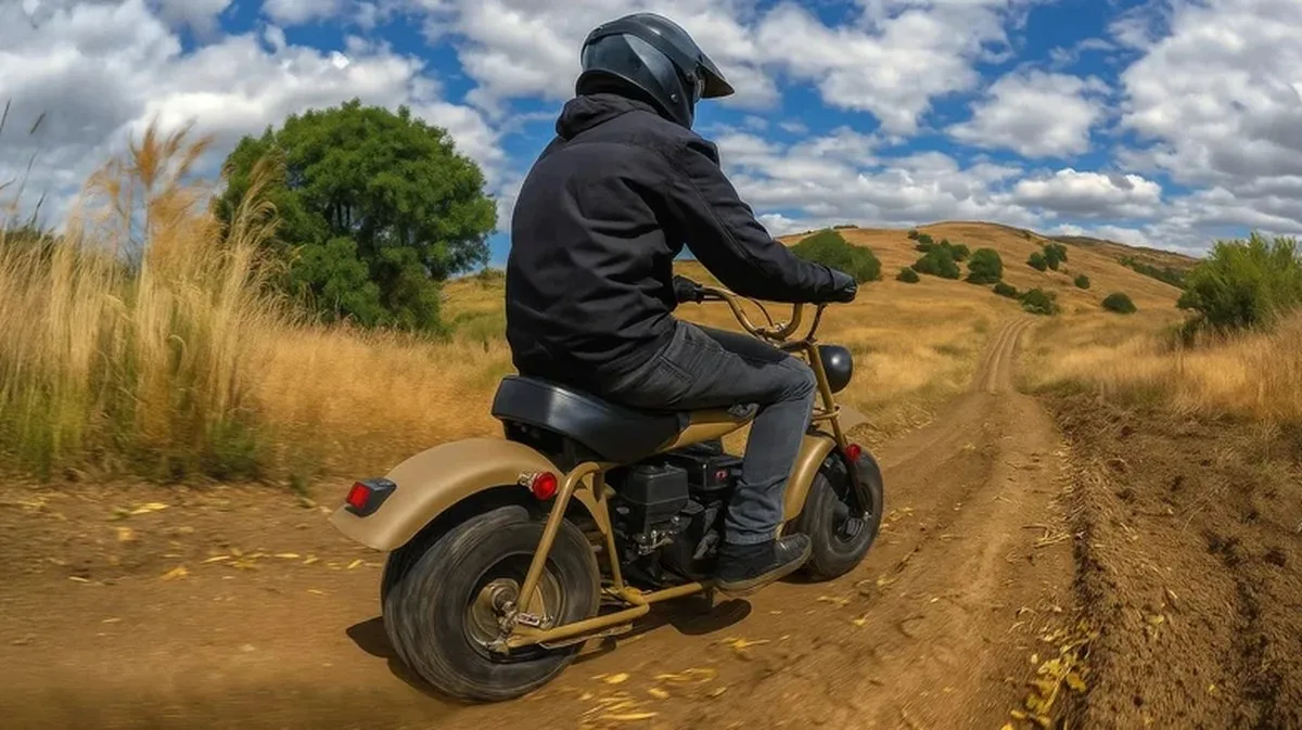 A Massimo MB 200 mini bike riding away down a dirt trail