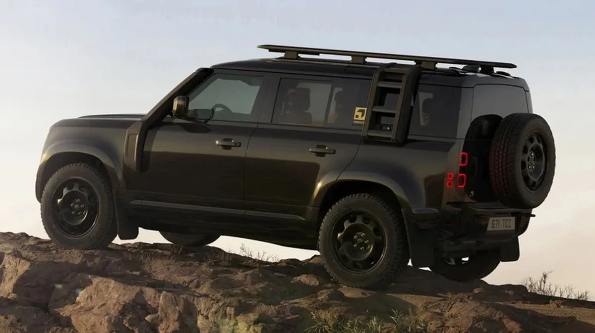 A Land Rover Defender with roof rack, snorkel, and side-mounted ladder.