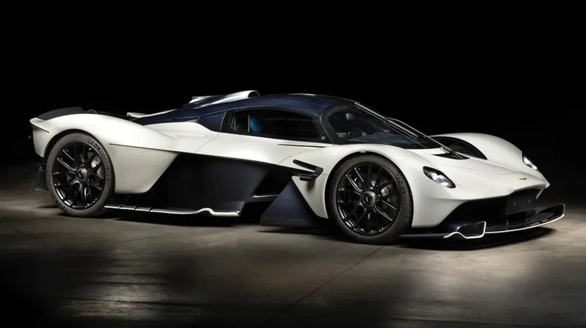Side view of a white and blue carbon fiber Aston Martin Valkyrie