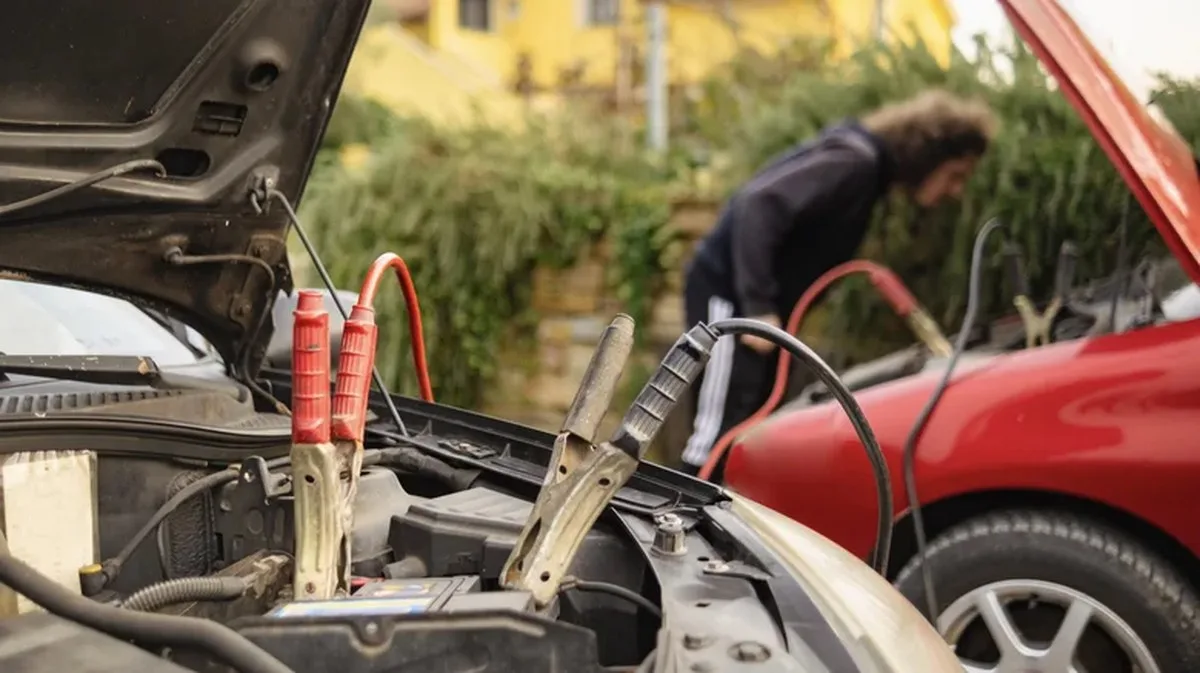 Person jump starting a car, both cars and jump leads partially visible