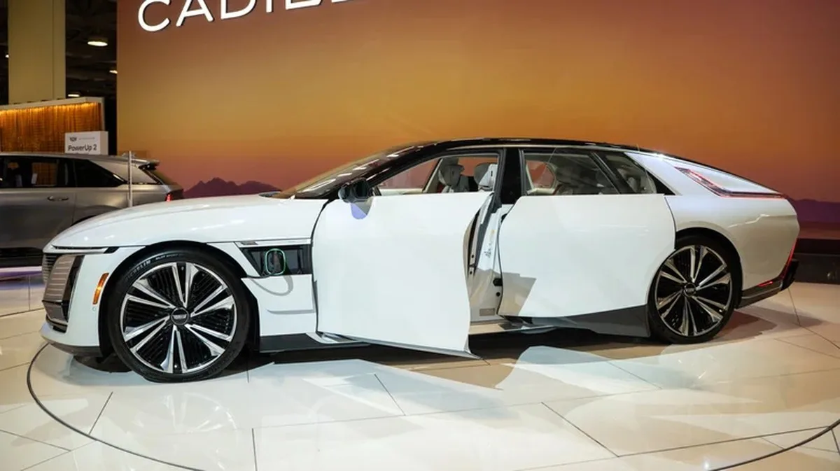 A white Cadillac Celestiq at an auto show