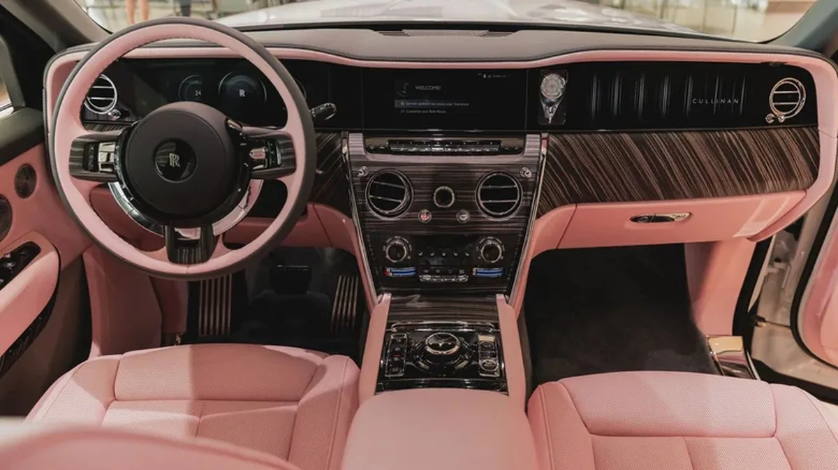 The interior of a Braman Pink Rolls-Royce Cullinan