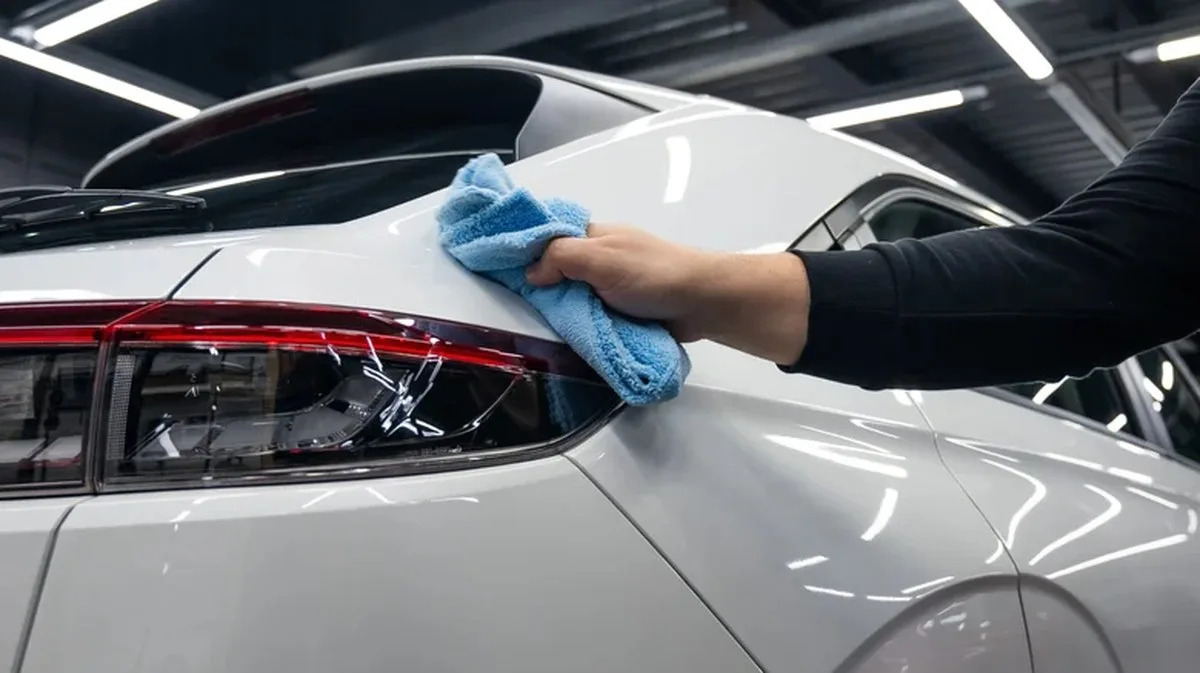 A microfiber towel being used to clean a car