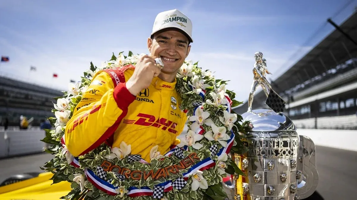 Alex Palou, driver of the #10 DHL Chip Ganassi Racing Honda, poses for a photo during the winner's photo shoot for the NTT IndyCar Series 109th Running Of The Indianapolis 500 at Indianapolis Motor Speedway on May 26, 2025 in Indianapolis, Indiana.