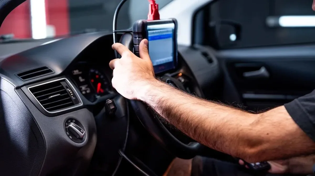 A mechanic physically updating a car via a scan tool