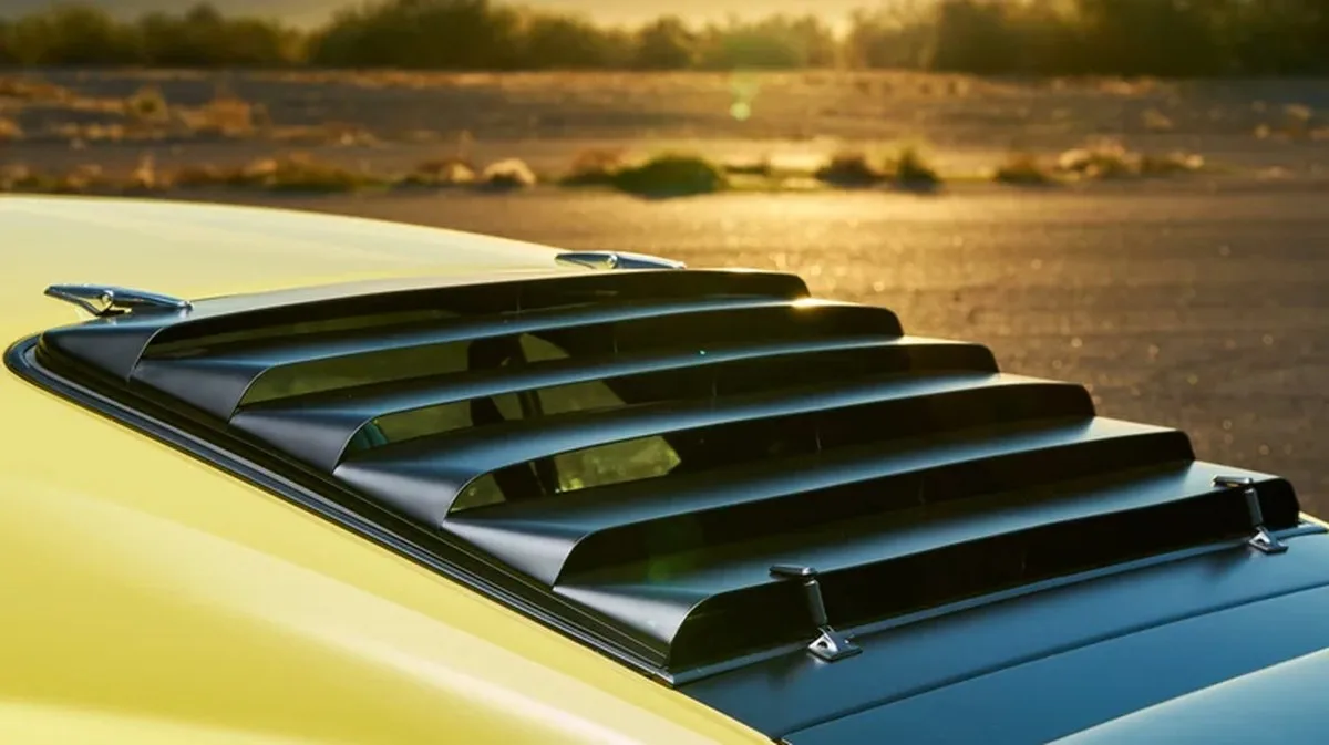 Ford Mustang Boss 302 rear three-quarter static showing window louvers