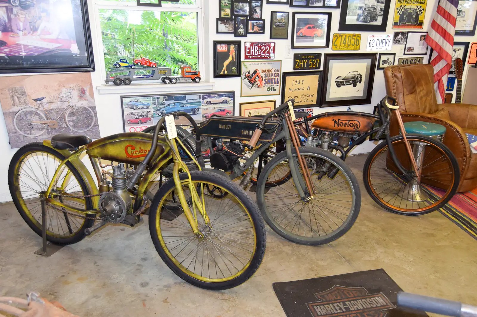 Replica board-track motorcycles by Cyclone, Norton, and Harley-Davidson