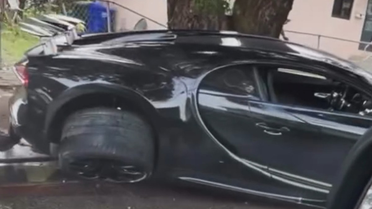 The rear of a Bugatti Chiron that was crashed in Miami