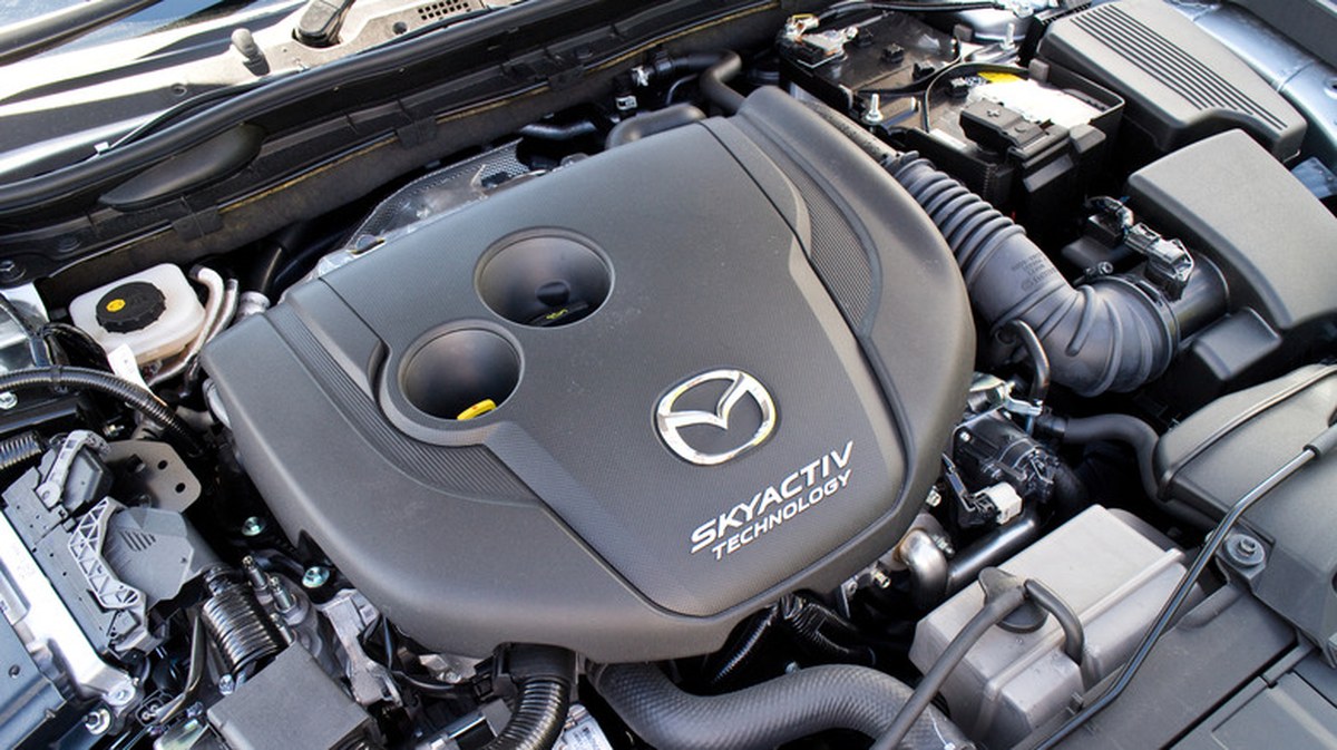 The engine compartment of a Mazda car with a SkyActive engine