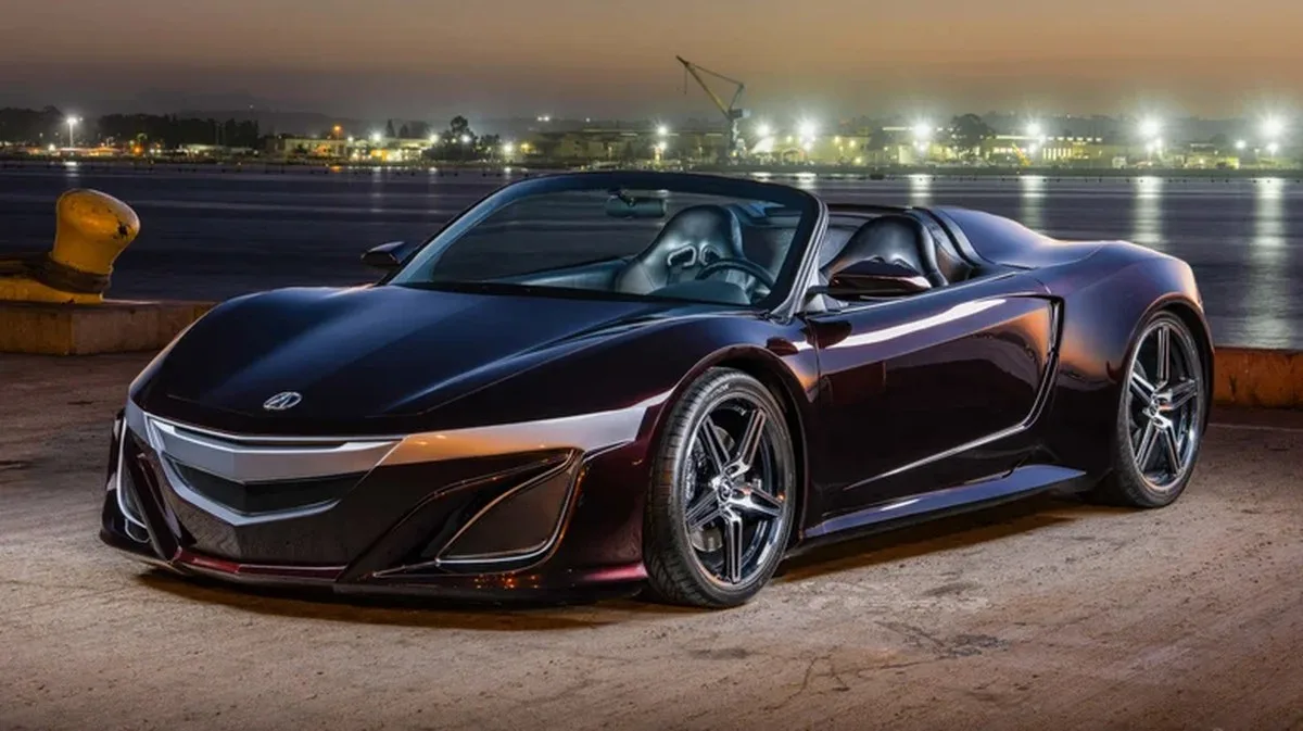 The one-off Acura NSX Roadster parked next to the sea in an unknown US port.