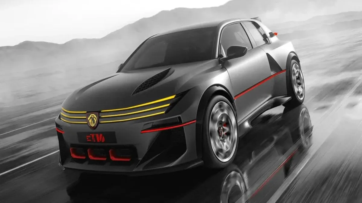 Peugeot's dramatic WRC-inspired E-T16 from the front driving along a wet road