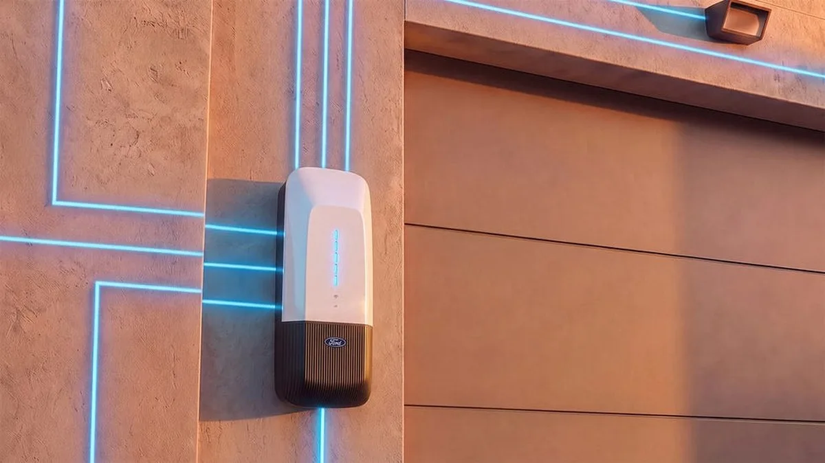 Smart electric vehicle charging station mounted on a wall with glowing blue lines. Smart electric vehicle charging station mounted on a wall with glowing blue lines.