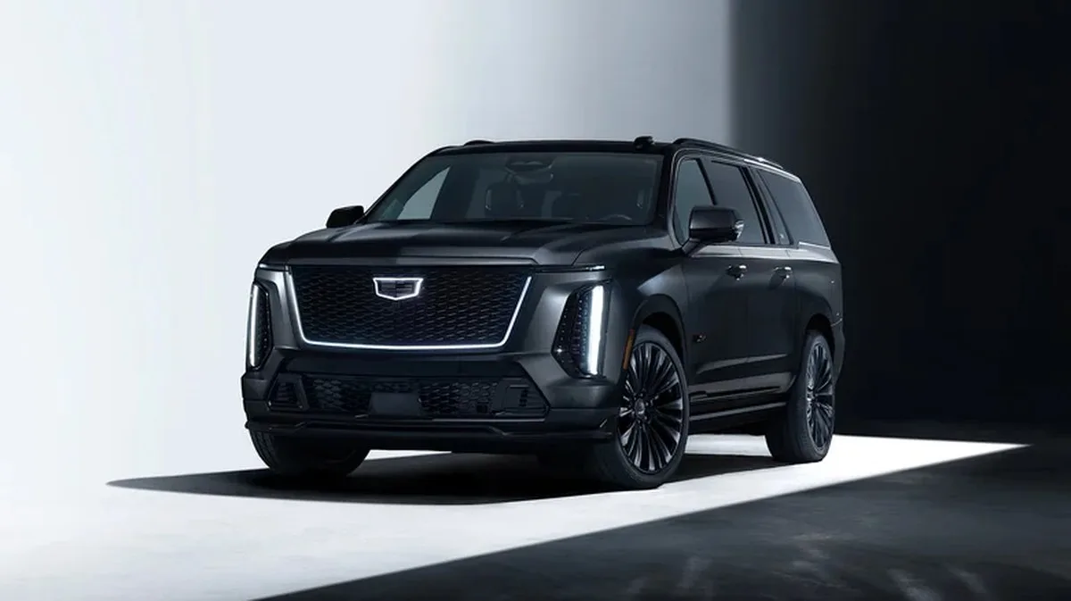 Black Cadillac Escalade-V in front three quarter view