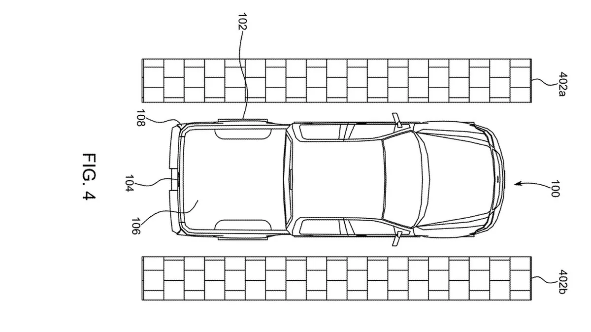 Top view of a vehicle positioned between two parking spaces with outlined grid patterns.