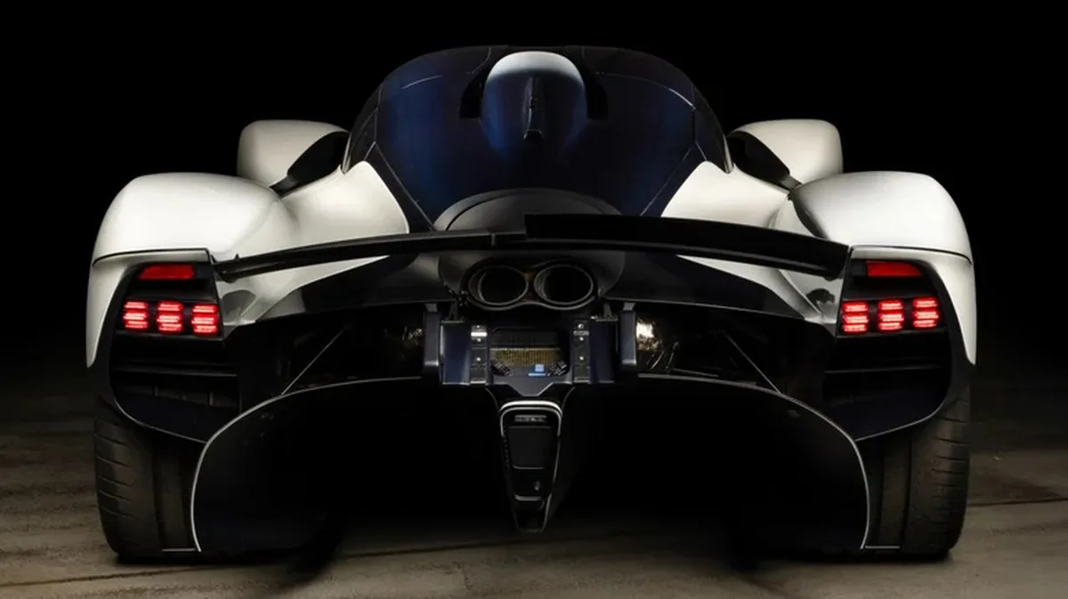 Rear view of a white and blue carbon fiber Aston Martin Valkyrie