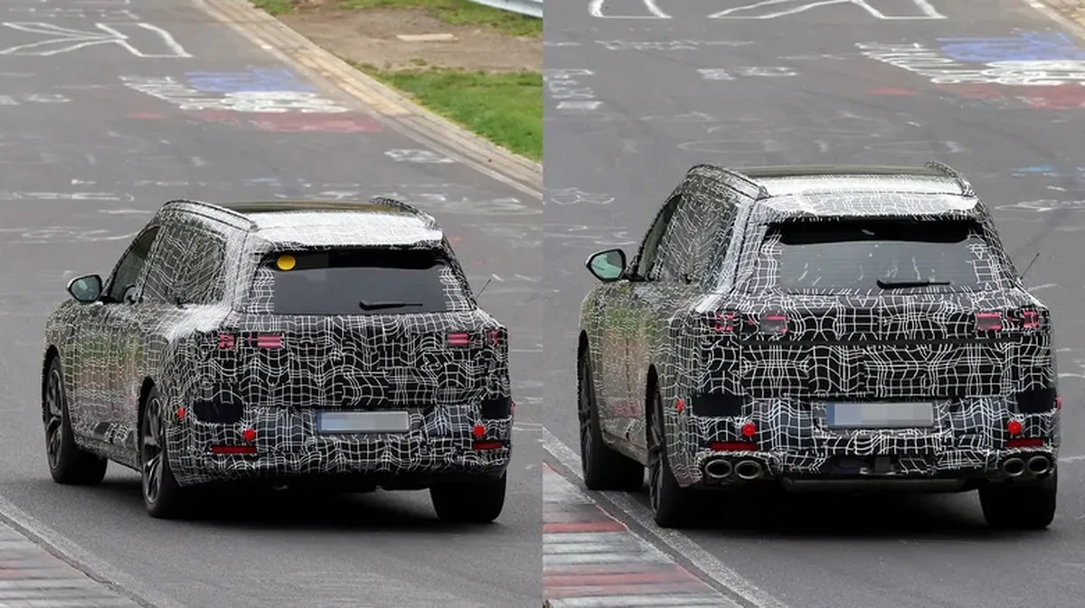 Rear 3/4 view of a camouflaged BMW iX7 and X7 M60 at the Nürburgring