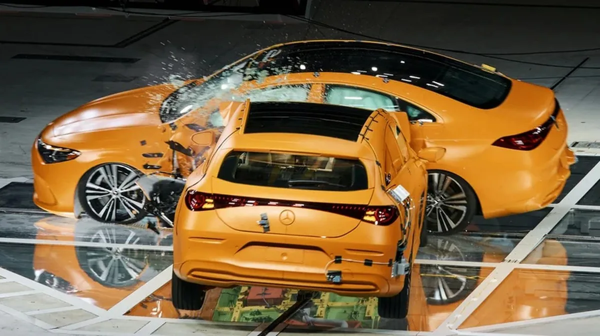 A Mercedes-Benz CLA sedan and Shooting Brake crash testing