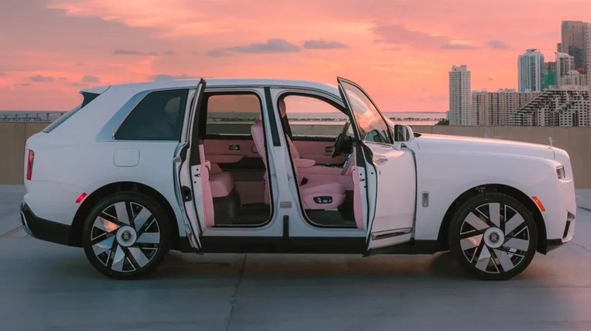 Rolls-Royce Miami's Braman Pink Cullinan at sunset