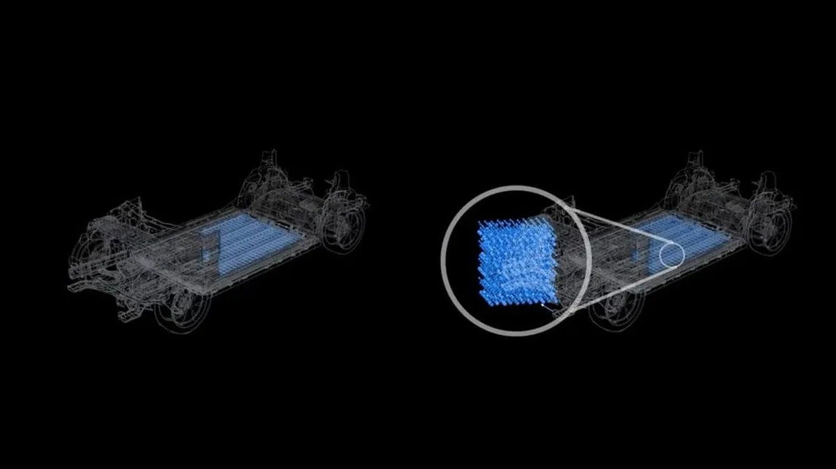 Wireframe illustration of a vehicle chassis with a detailed view of its battery structure.
