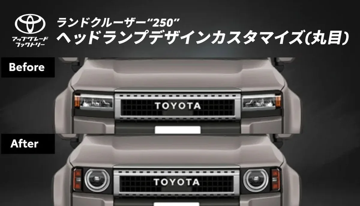 Official before-and-after illustration of the Japanese Land Cruiser 250 headlamp conversion.