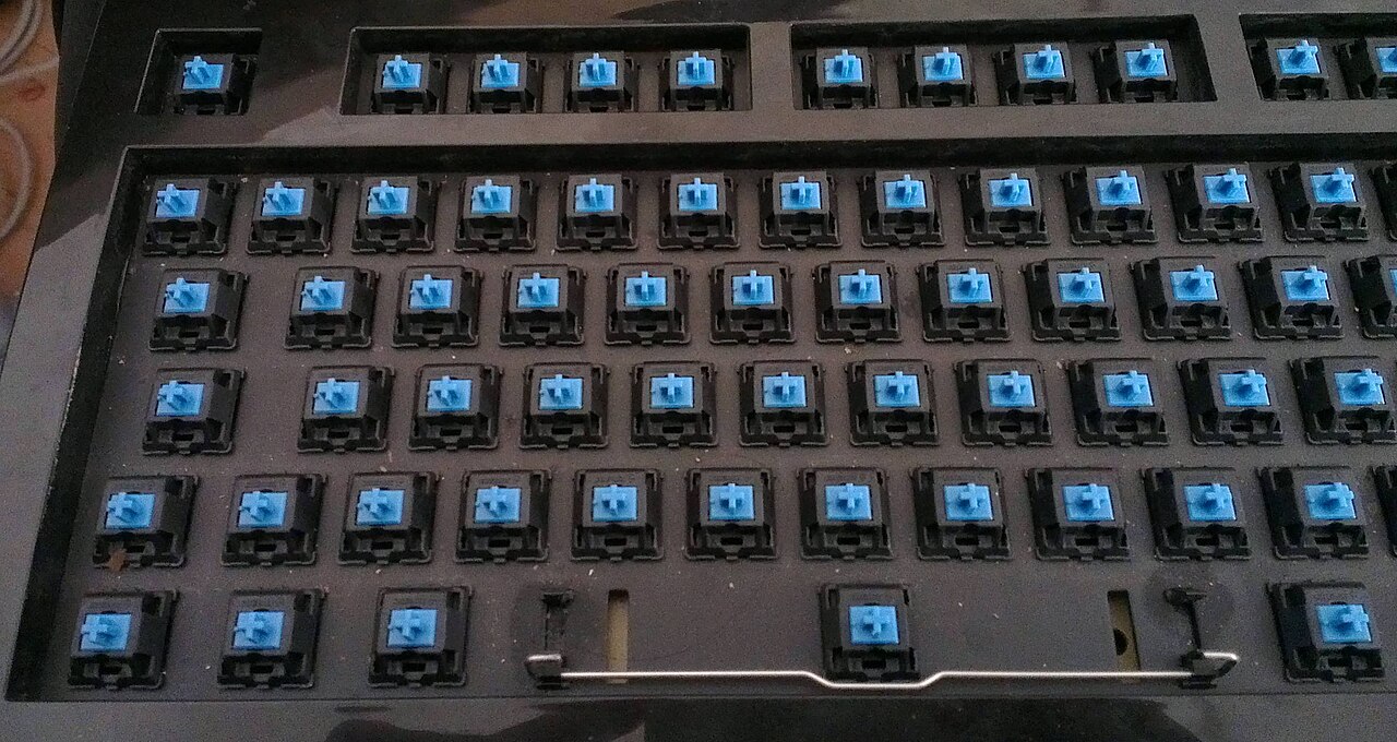 Cherry MX Blue switches on a keyboard with its keycaps removed
